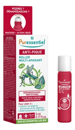 Puressentiel Anti-Pique Roller Multi-Apaisant Bio 5 ml  Puressentiel Anti-Pique Roller Multi-Apaisant Bio 5 ml est un roller qui contient 11 huiles essentielles Bio 100% pures et naturelles aux vertus apaisantes. Il calme les piqûres d'insectes (moustiqu